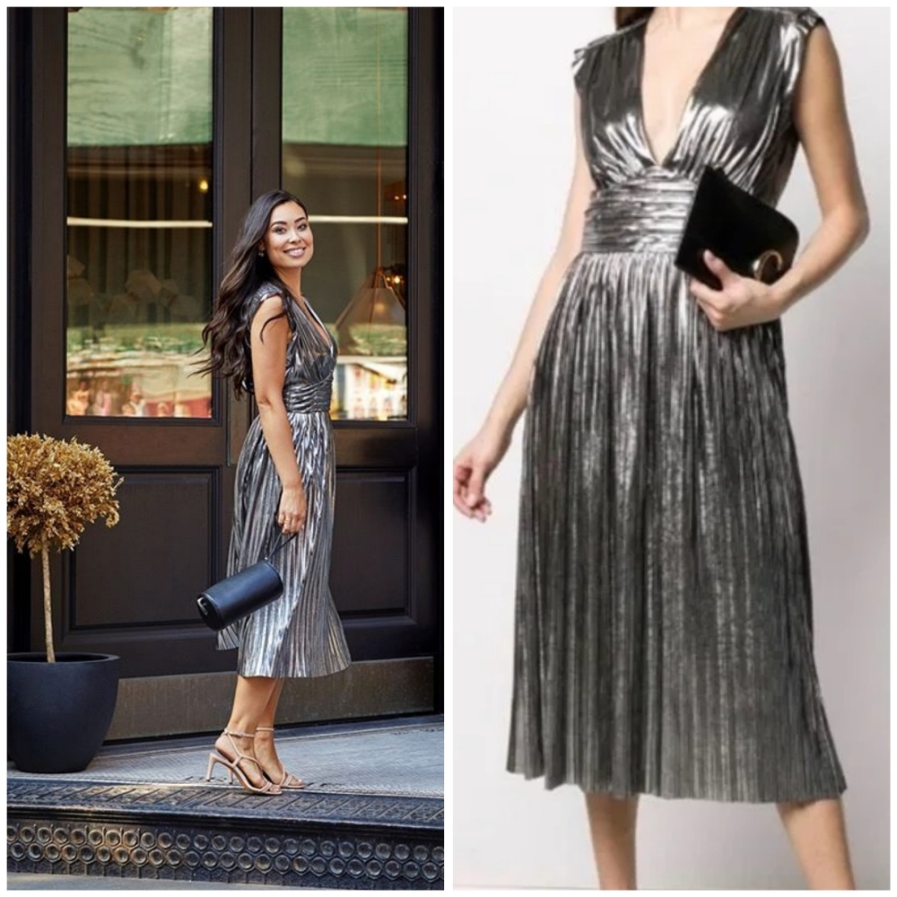 Rebecca Minkoff Briella Metallic Silver Pleated Midi Dress Size 2